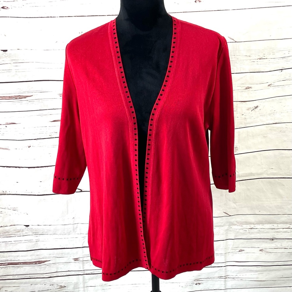 Exclusively Misook Sweater Women’s L Red Cardigan Open 3/4 Sleeves